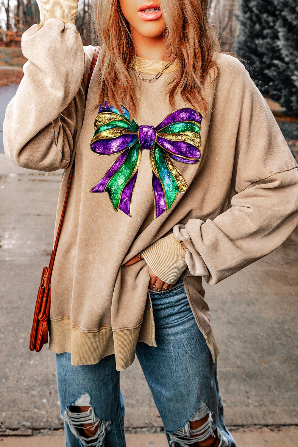 Mardi Gras Bow Print Ribbed Sweatshirt with Oversized Drop Shoulders