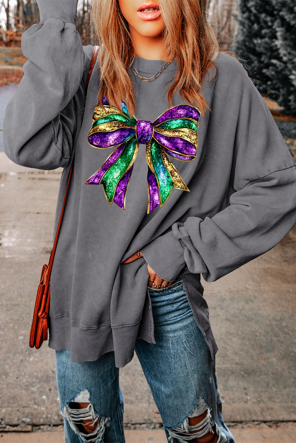 Mardi Gras Bow Print Ribbed Sweatshirt with Oversized Drop Shoulders