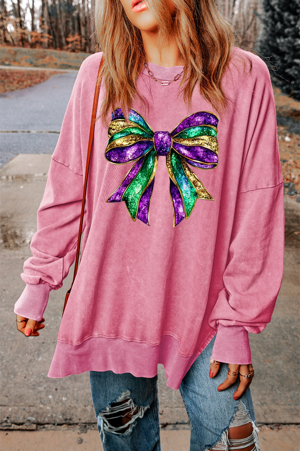 Mardi Gras Bow Print Ribbed Sweatshirt with Oversized Drop Shoulders