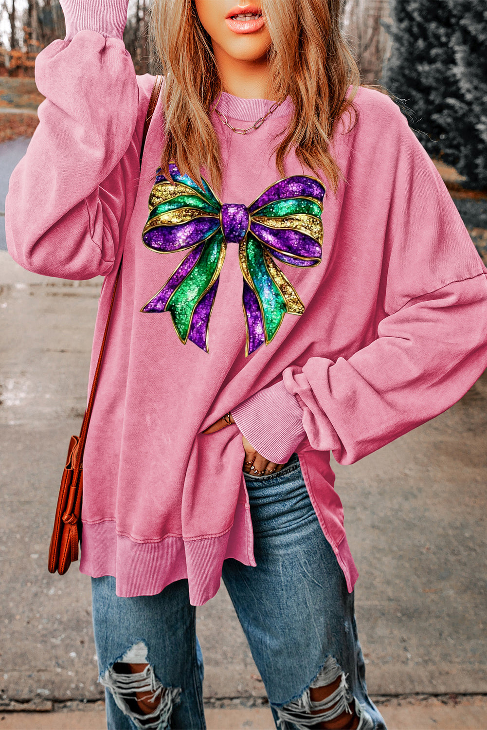 Mardi Gras Bow Print Ribbed Sweatshirt with Oversized Drop Shoulders