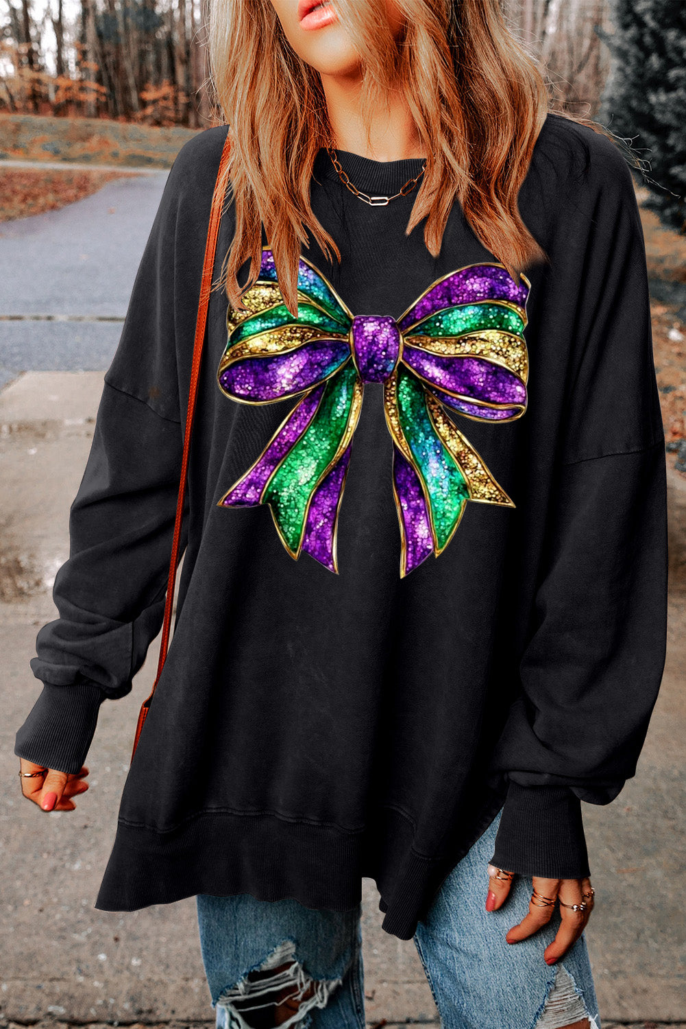 Mardi Gras Bow Print Ribbed Sweatshirt with Oversized Drop Shoulders