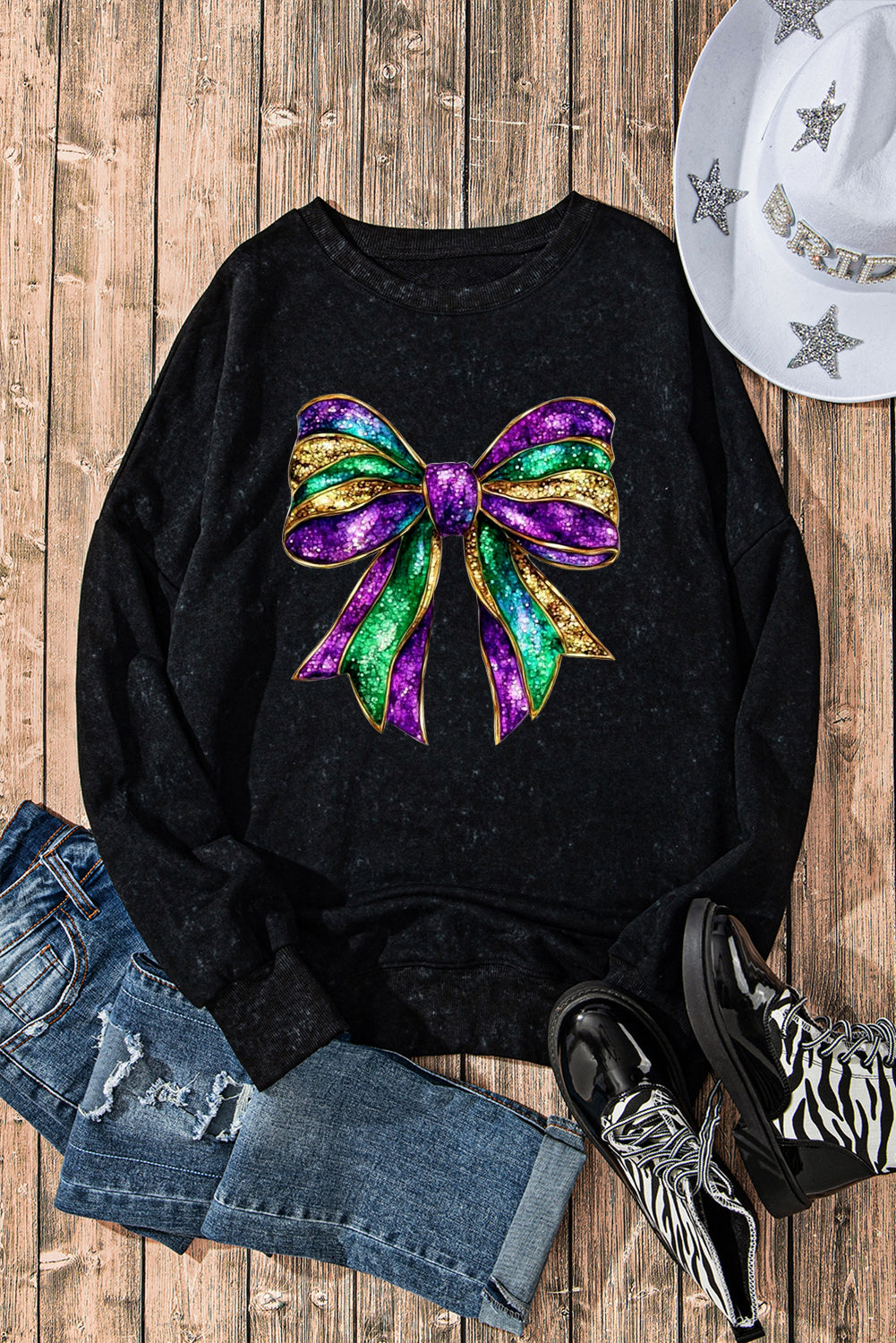 Mardi Gras Bow Print Ribbed Sweatshirt with Oversized Drop Shoulders