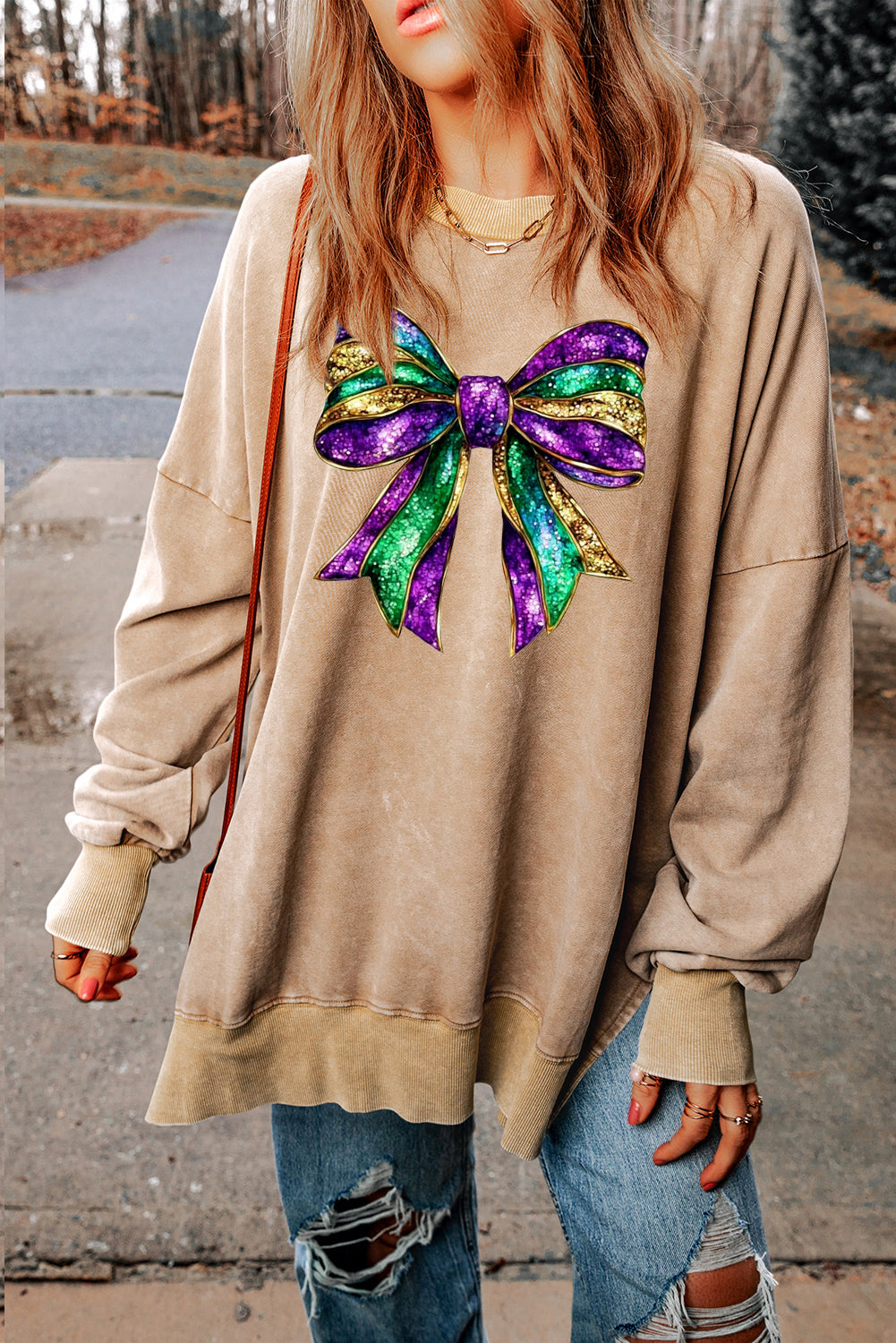 Mardi Gras Bow Print Ribbed Sweatshirt with Oversized Drop Shoulders