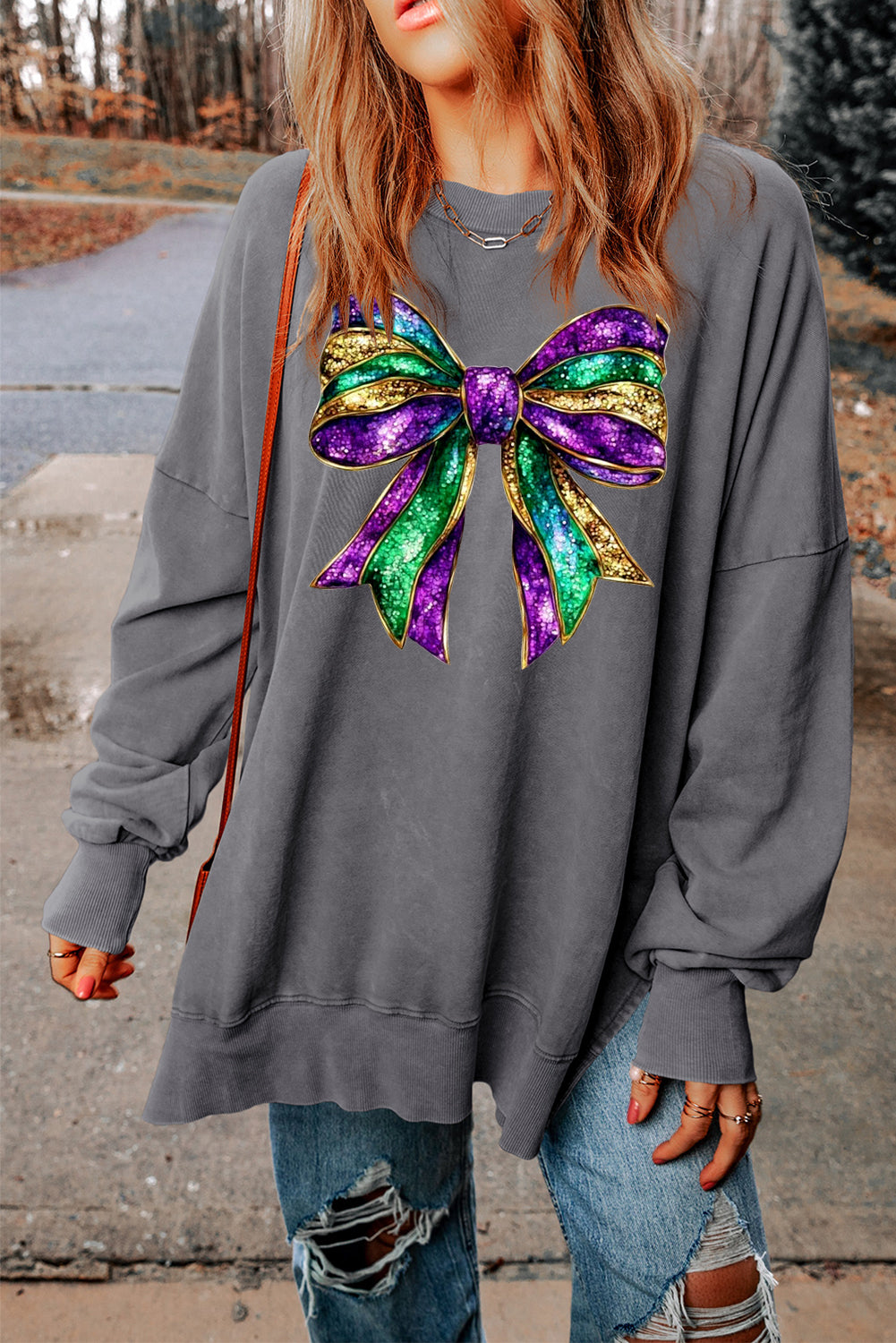 Mardi Gras Bow Print Ribbed Sweatshirt with Oversized Drop Shoulders