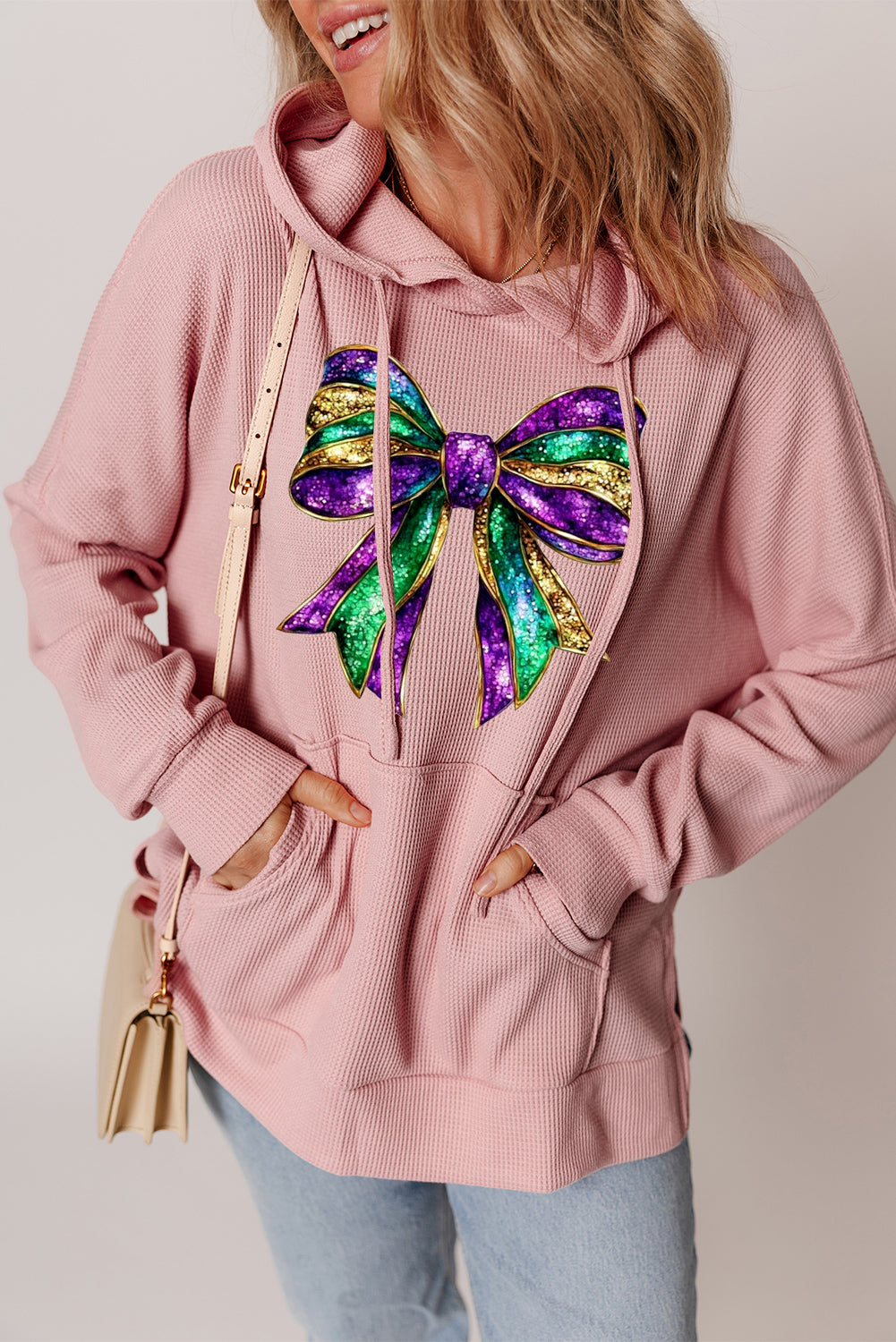Mardi Gras Bow Print Waffle Knit Fleece Lined Hoodie
