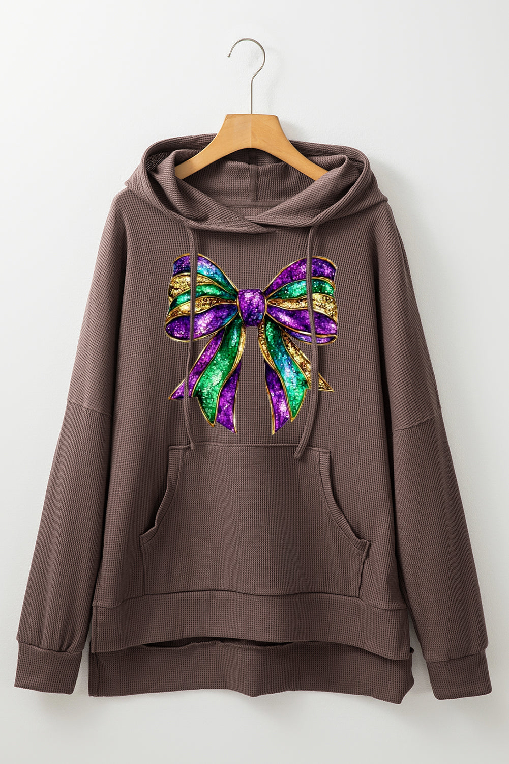 Mardi Gras Bow Print Waffle Knit Fleece Lined Hoodie
