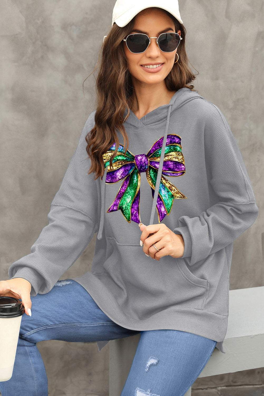 Mardi Gras Bow Print Waffle Knit Fleece Lined Hoodie