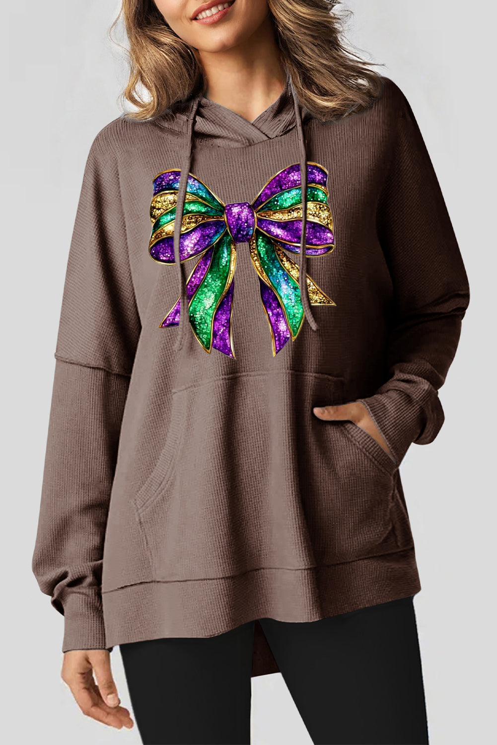 Mardi Gras Bow Print Waffle Knit Fleece Lined Hoodie