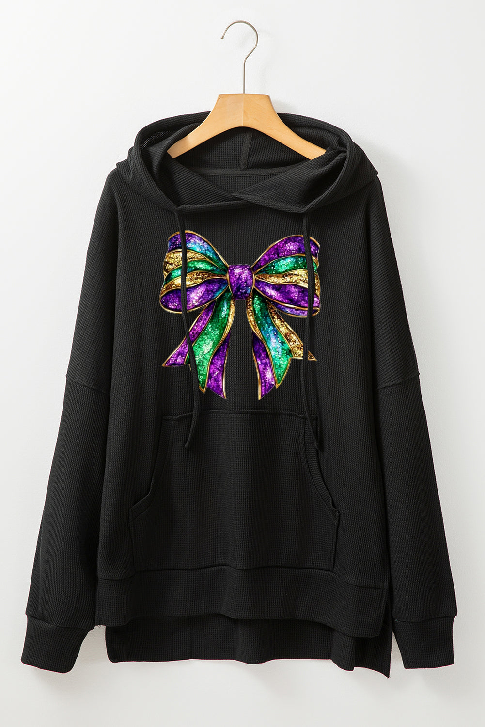 Mardi Gras Bow Print Waffle Knit Fleece Lined Hoodie