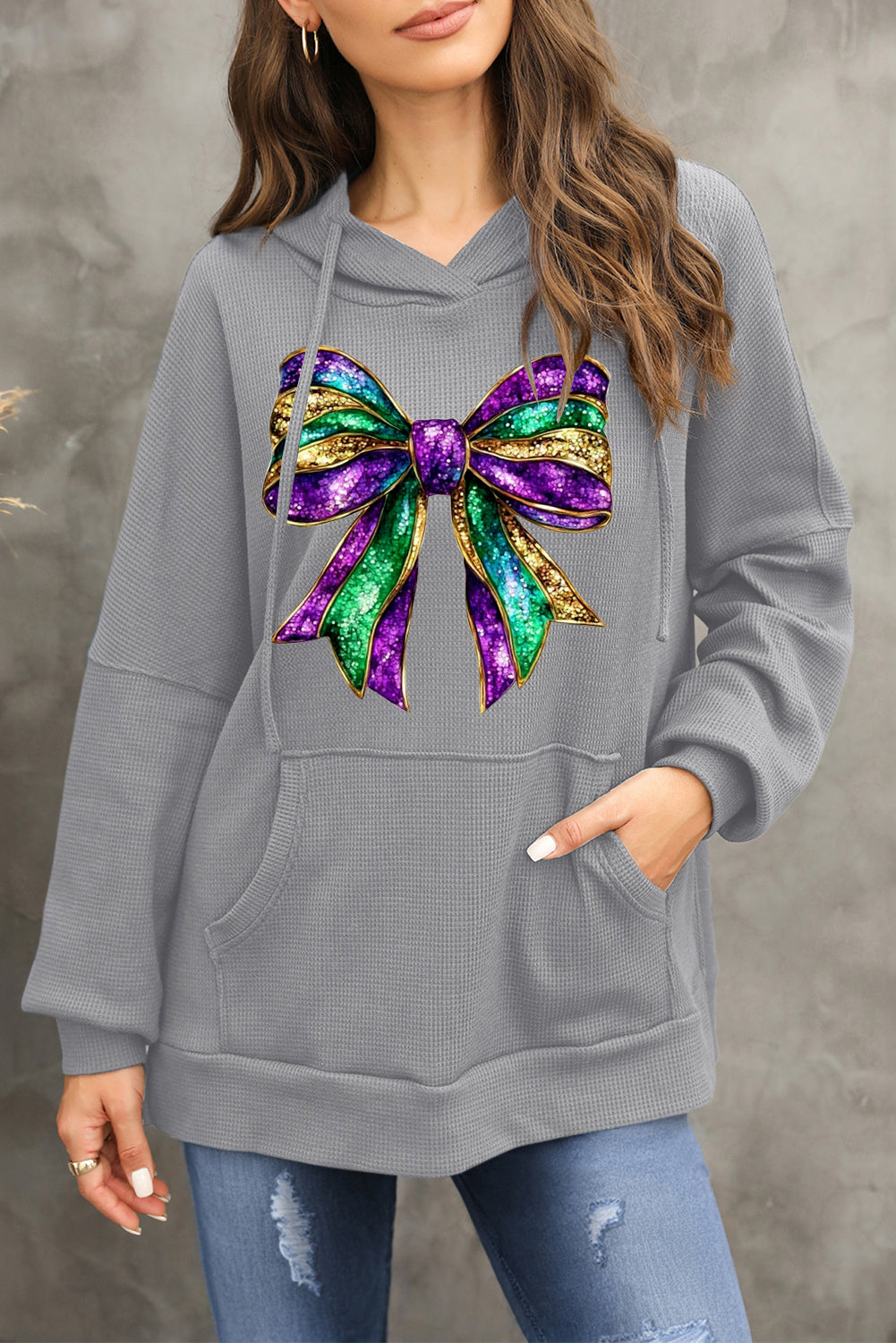 Mardi Gras Bow Print Waffle Knit Fleece Lined Hoodie