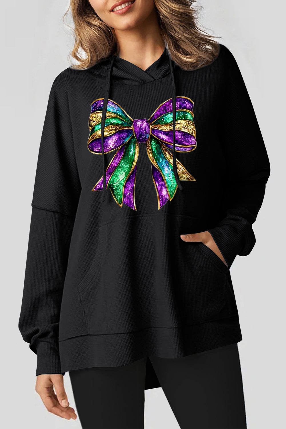Mardi Gras Bow Print Waffle Knit Fleece Lined Hoodie