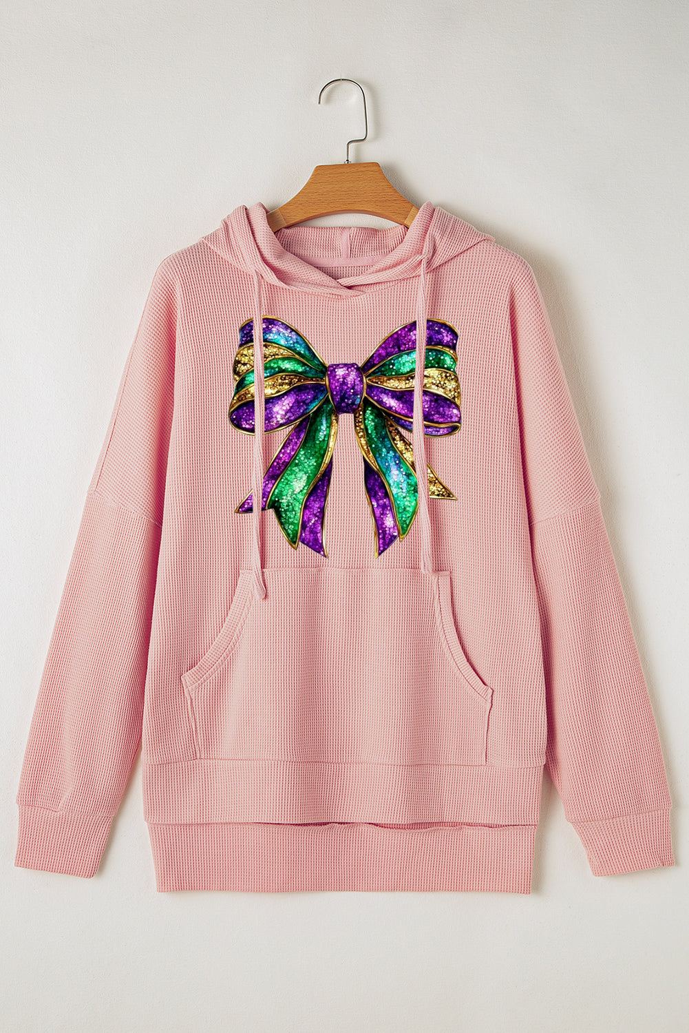 Mardi Gras Bow Print Waffle Knit Fleece Lined Hoodie