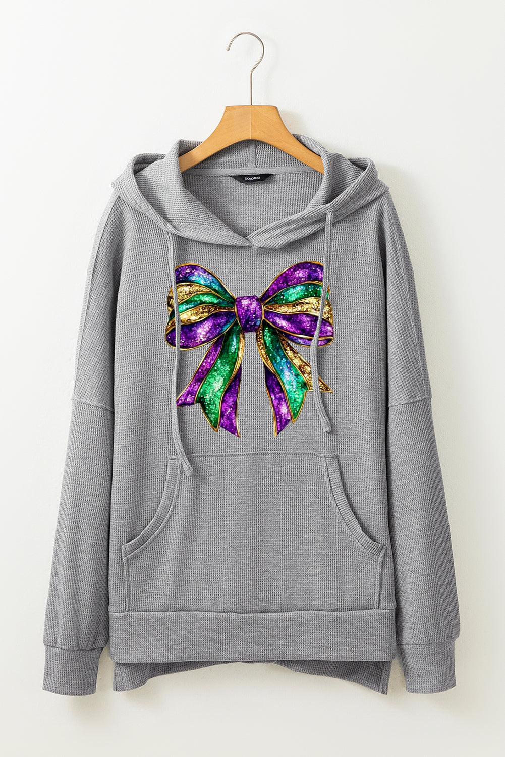 Mardi Gras Bow Print Waffle Knit Fleece Lined Hoodie