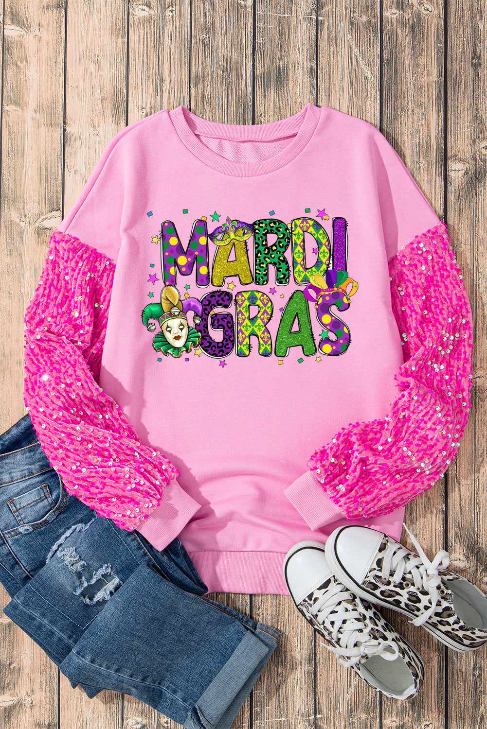 Mardi Gras Clown Colorful Graphic Long Sleeve Pullover Sweatshirt