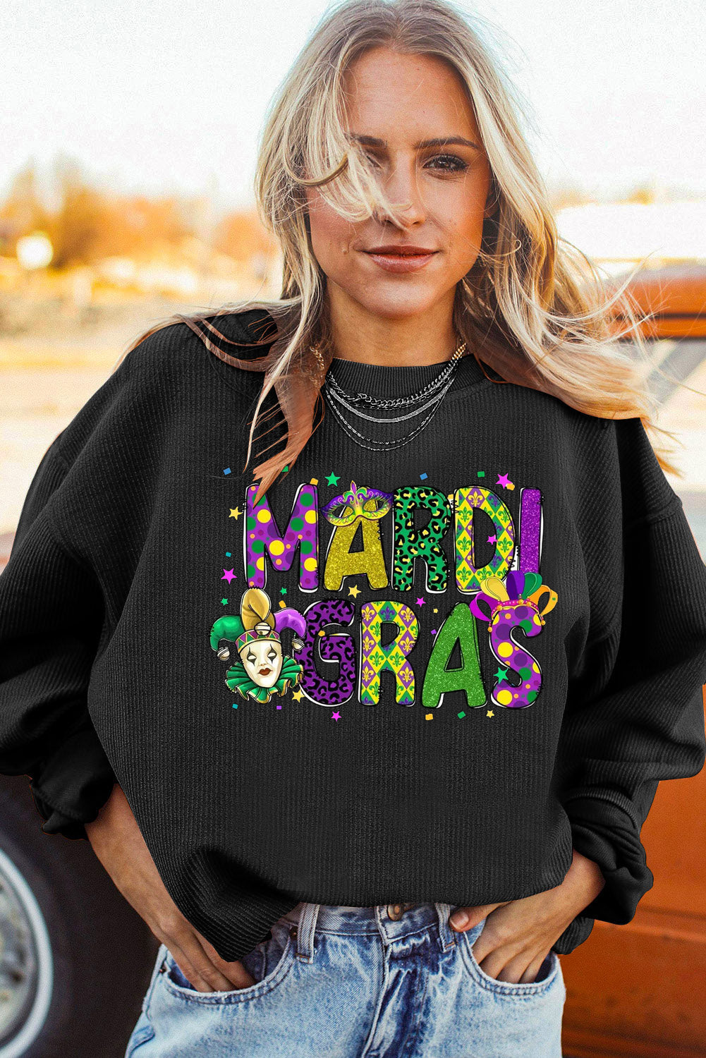 Mardi Gras Clown Colorful Graphic Oversized Corduroy Sweatshirt
