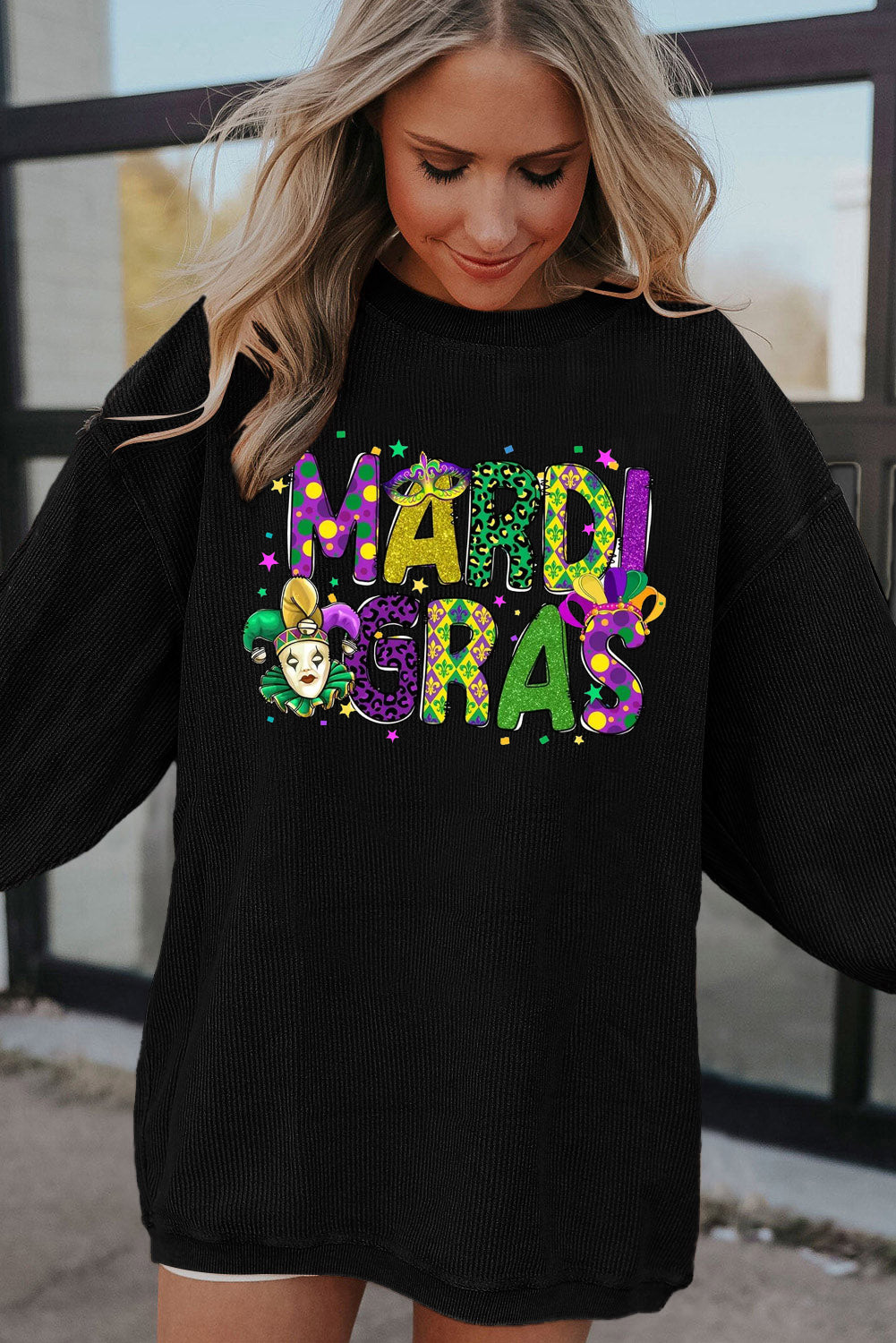 Mardi Gras Clown Colorful Graphic Oversized Corduroy Sweatshirt