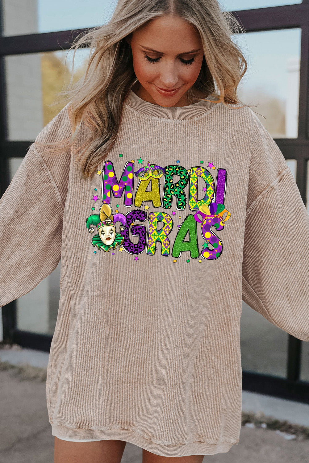 Mardi Gras Clown Colorful Graphic Oversized Corduroy Sweatshirt