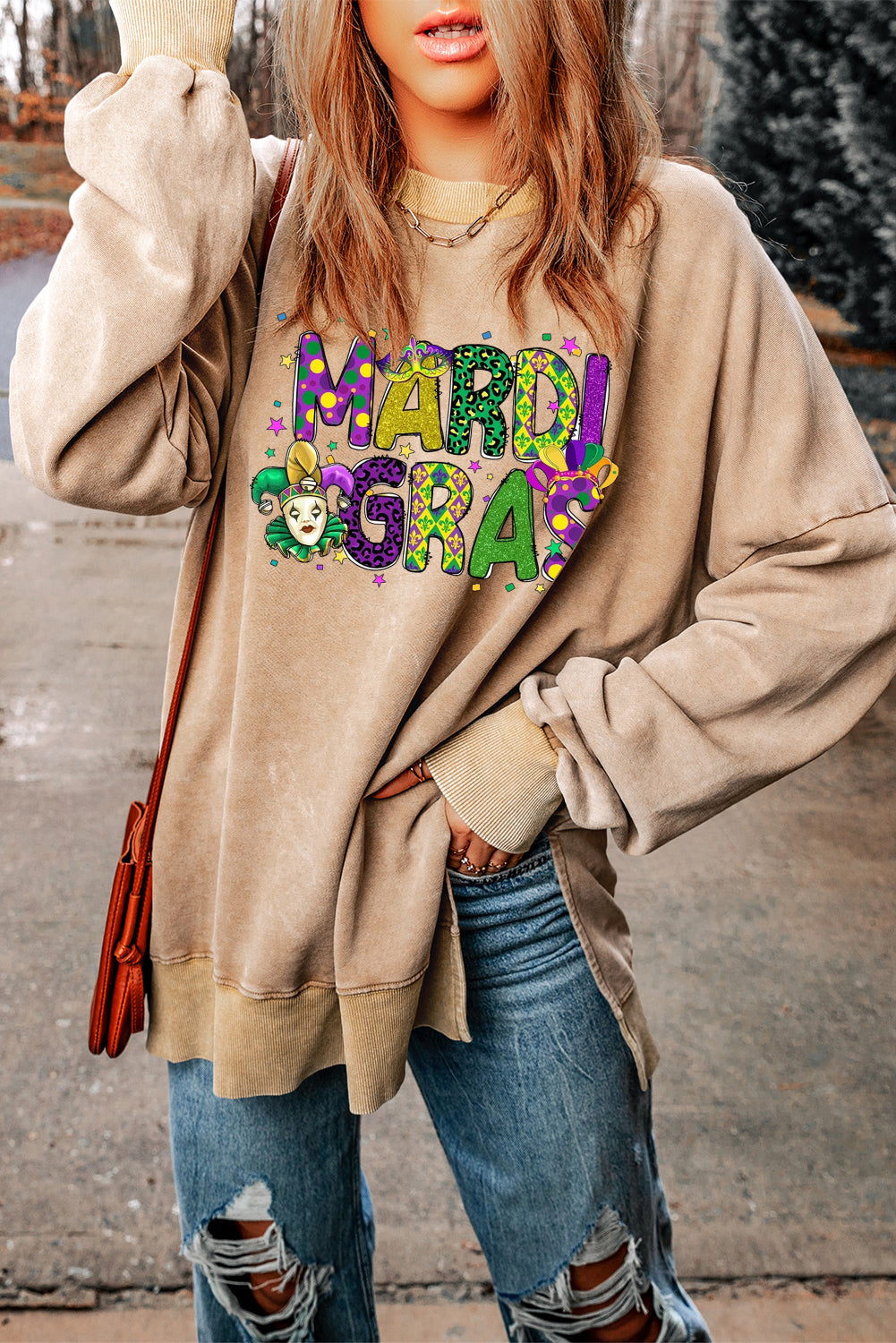 Mardi Gras Clown Print Plus-Size Drop-Shoulder Ribbed Sweatshirt