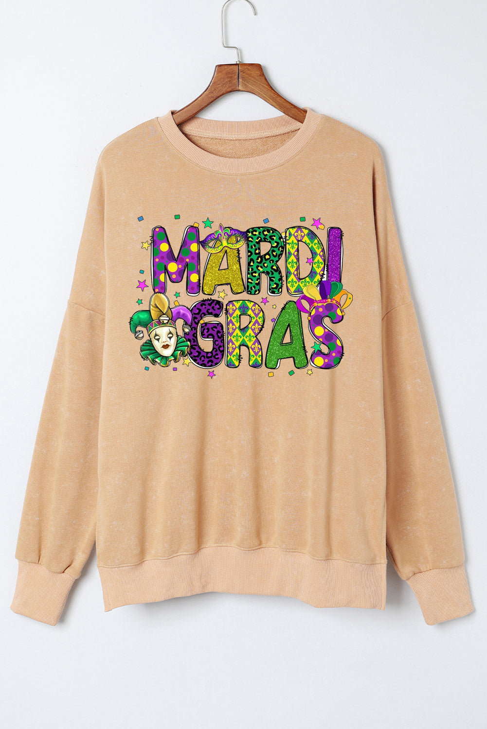 Mardi Gras Clown Print Plus-Size Drop-Shoulder Ribbed Sweatshirt