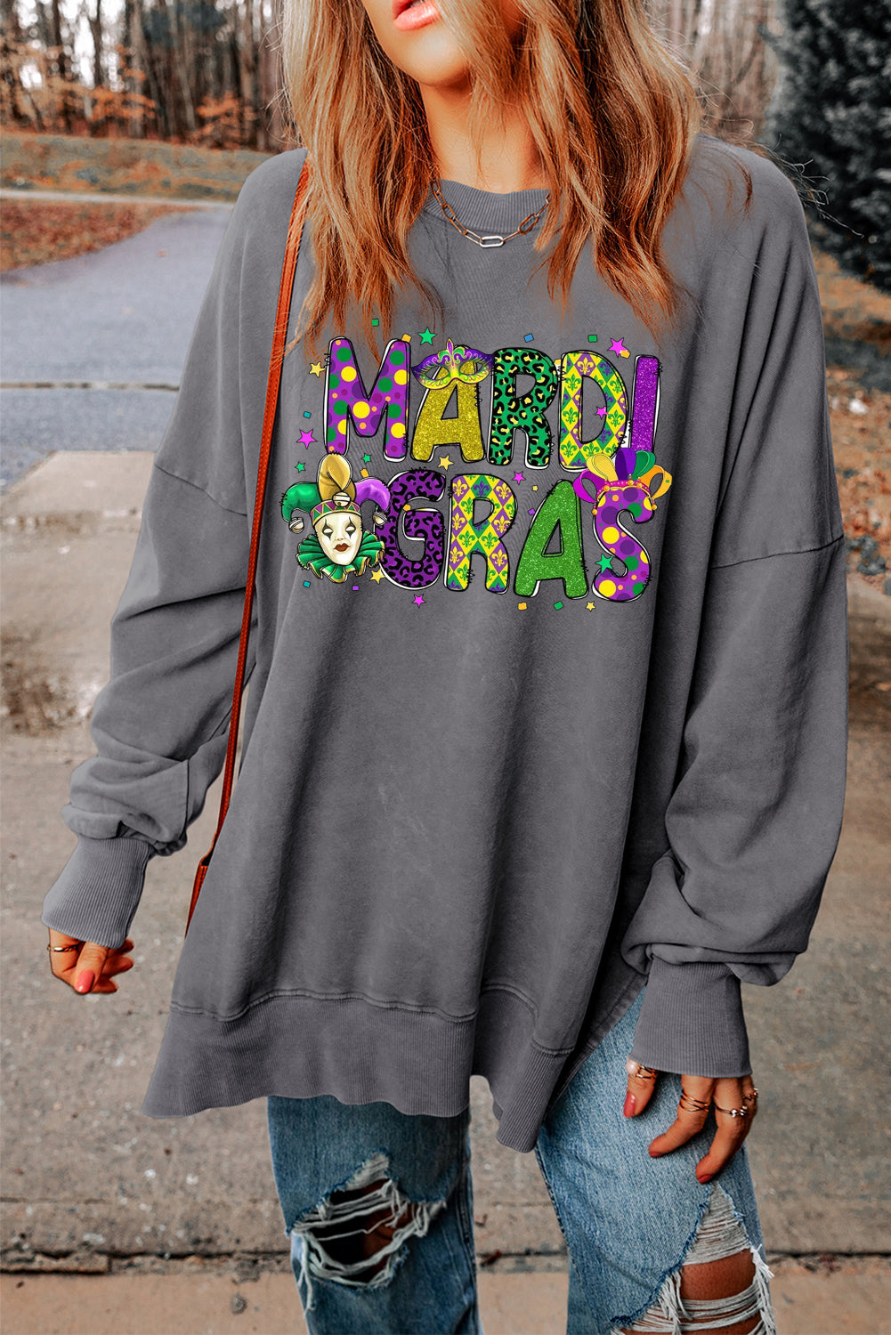 Mardi Gras Clown Print Plus-Size Drop-Shoulder Ribbed Sweatshirt