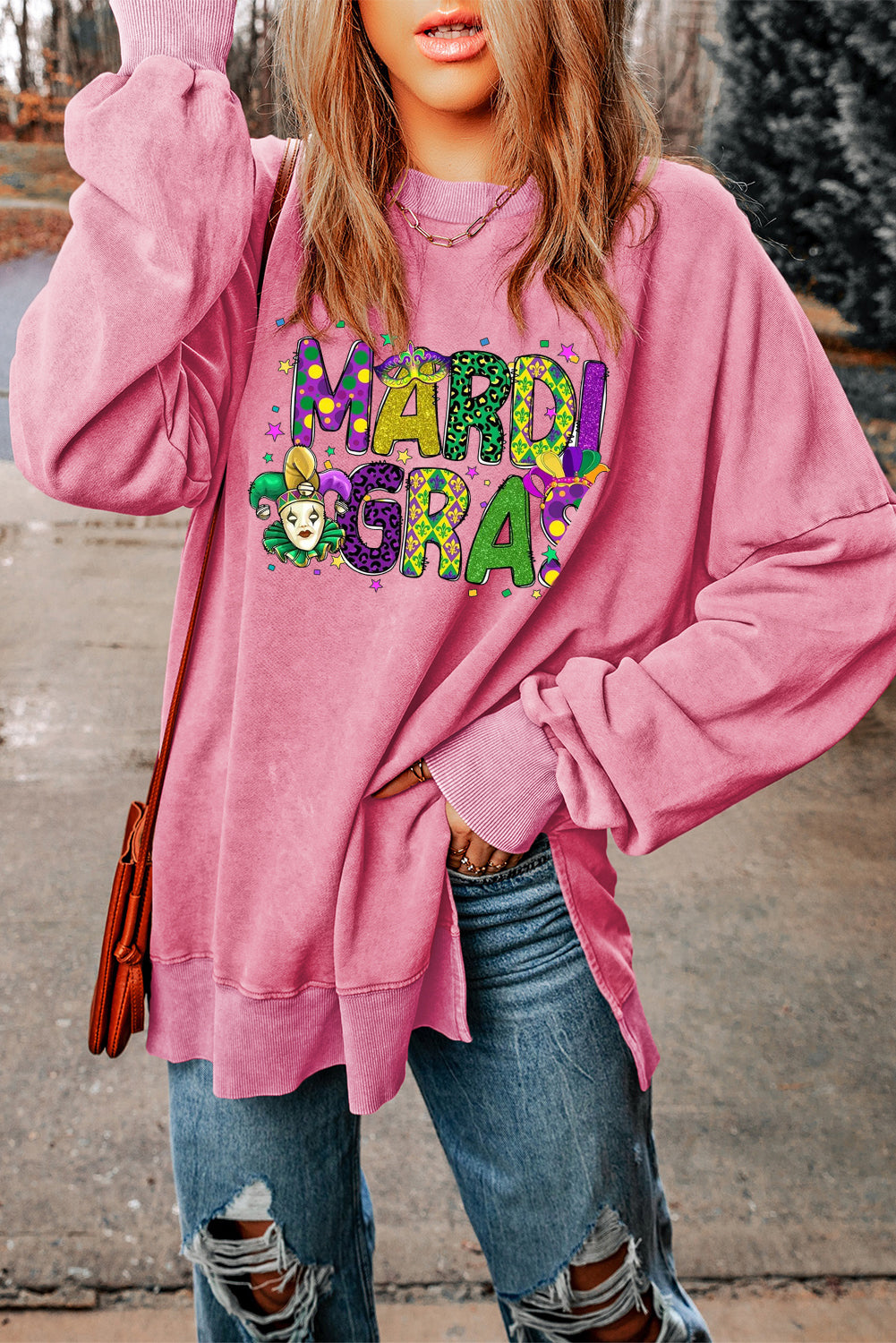 Mardi Gras Clown Print Plus-Size Drop-Shoulder Ribbed Sweatshirt