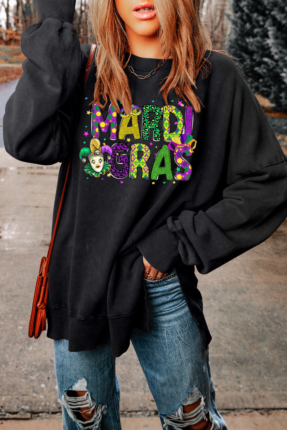 Mardi Gras Clown Print Plus-Size Drop-Shoulder Ribbed Sweatshirt
