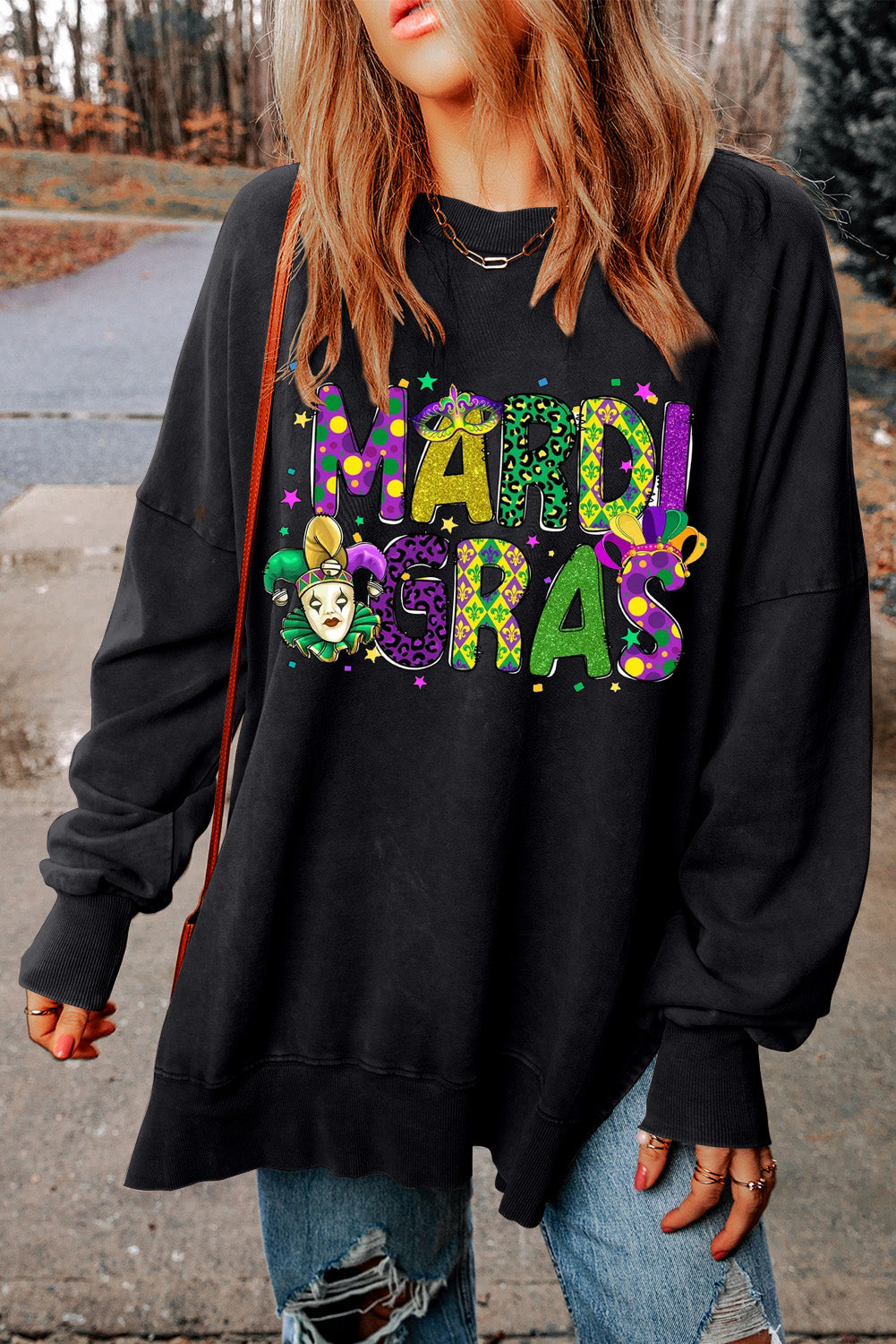 Mardi Gras Clown Print Plus-Size Drop-Shoulder Ribbed Sweatshirt