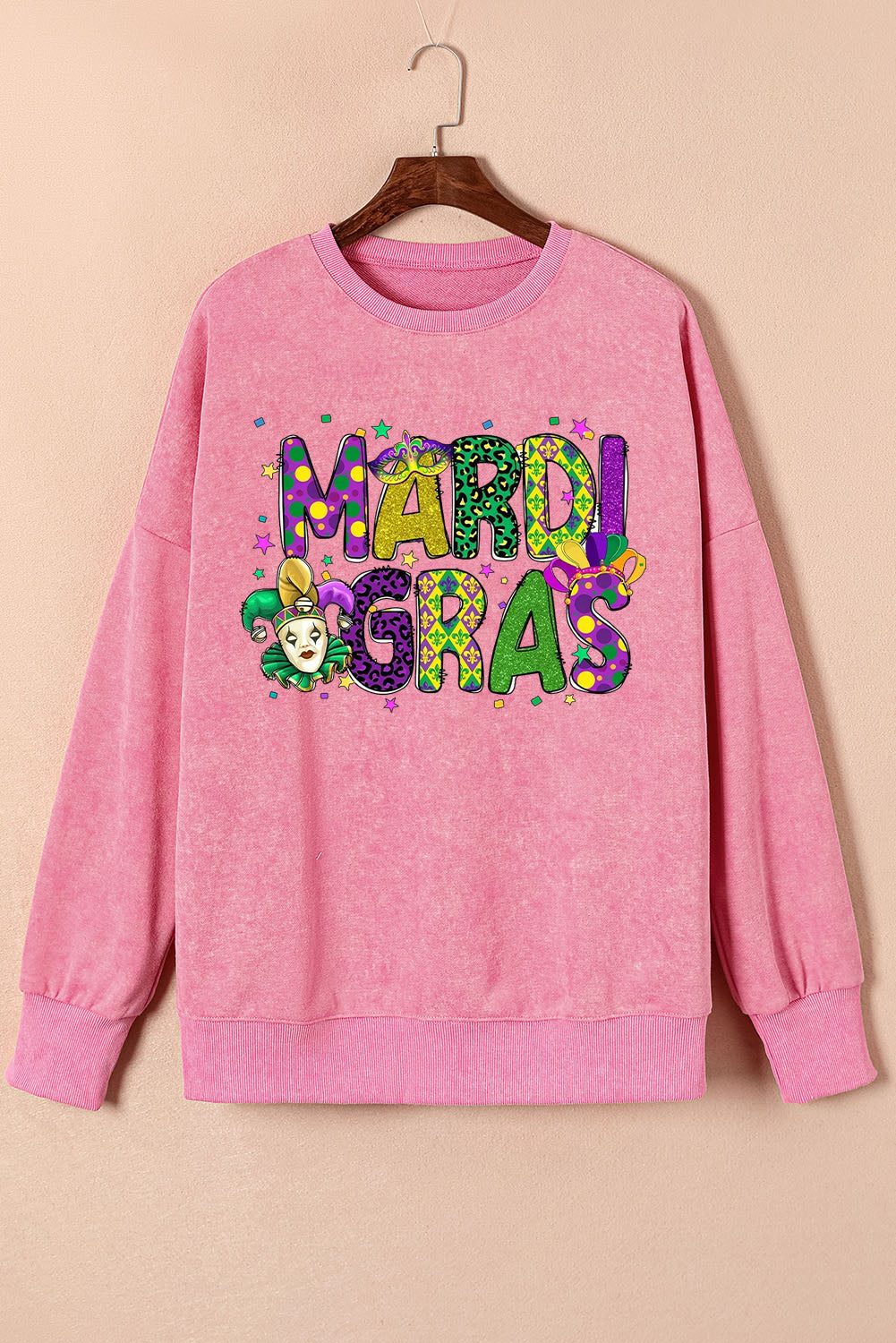 Mardi Gras Clown Print Plus-Size Drop-Shoulder Ribbed Sweatshirt