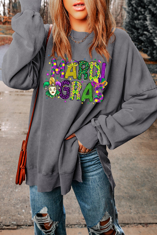 Mardi Gras Clown Print Plus-Size Drop-Shoulder Ribbed Sweatshirt