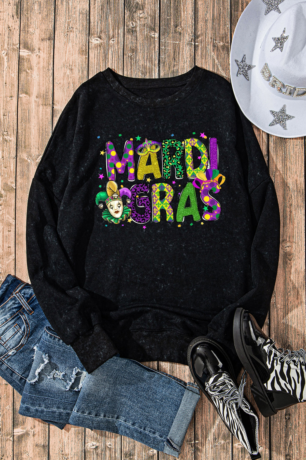 Mardi Gras Clown Print Plus-Size Drop-Shoulder Ribbed Sweatshirt