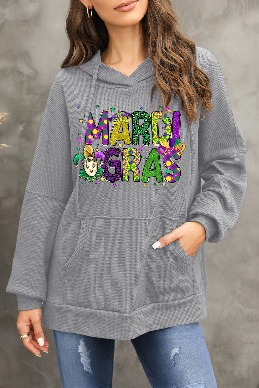 Mardi Gras Clown Print Waffle Knit Fleece Lined Hoodie