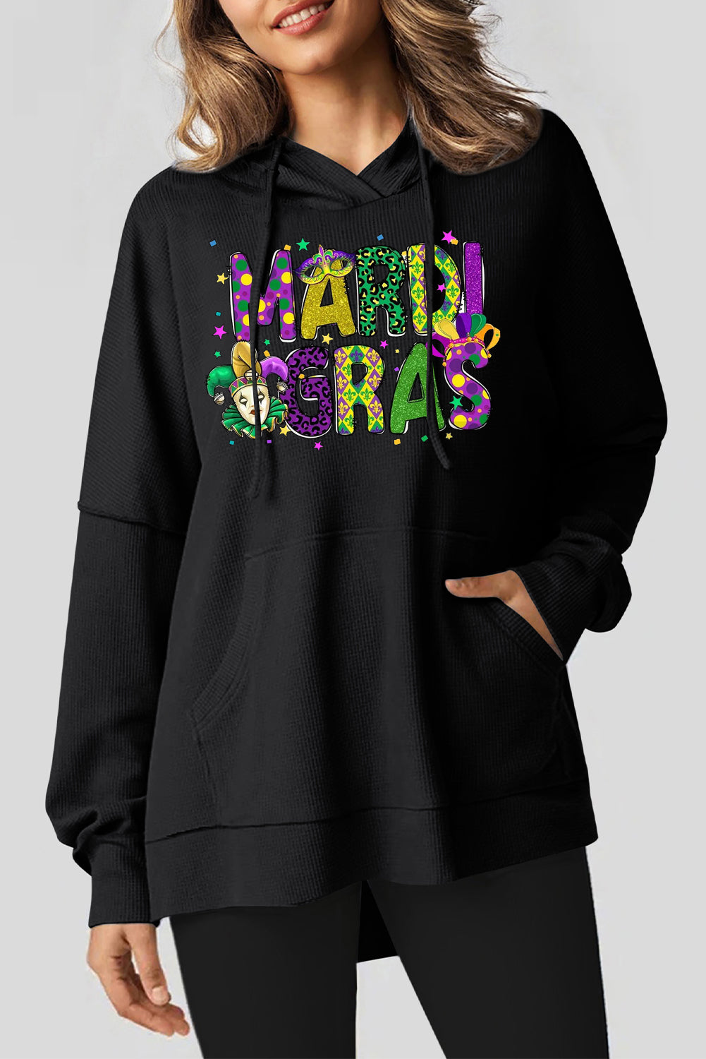 Mardi Gras Clown Print Waffle Knit Fleece Lined Hoodie