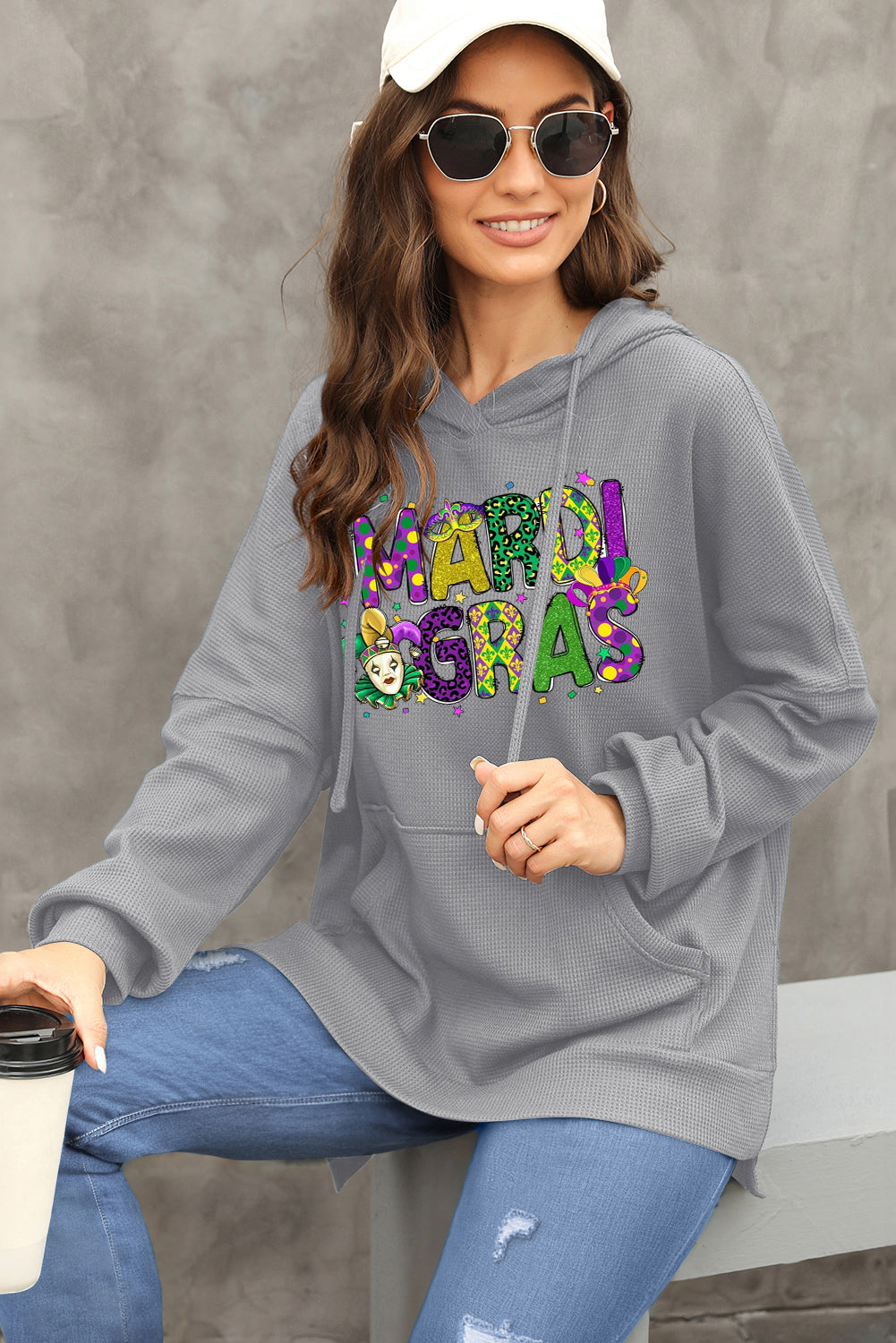 Mardi Gras Clown Print Waffle Knit Fleece Lined Hoodie