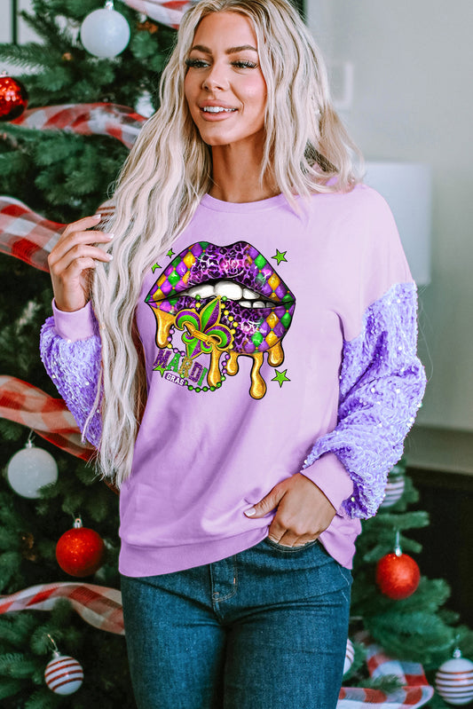 Mardi Gras Patched Graphic Sequin Patchwork Long Sleeve Top