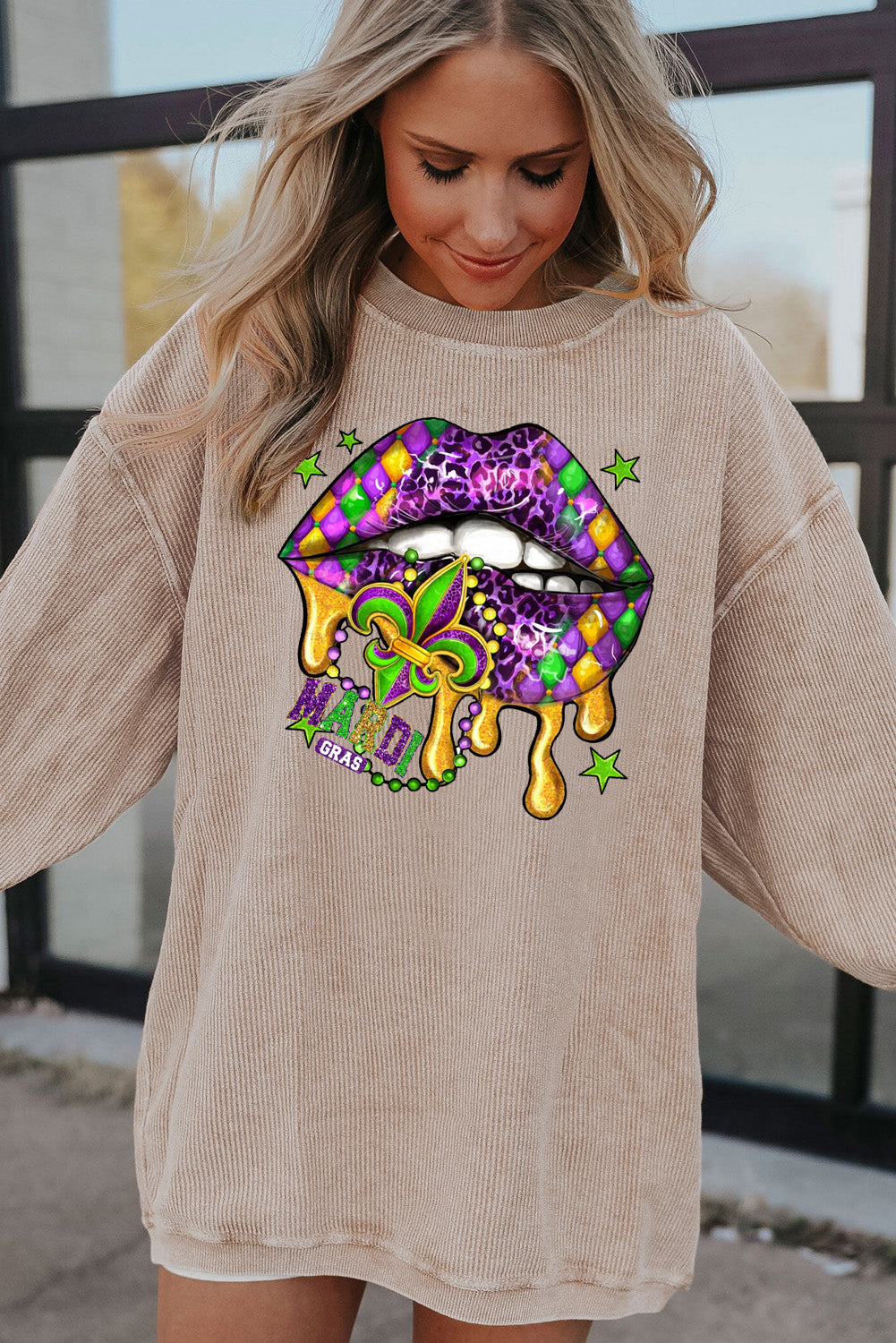 Mardi Gras Lips Patch Pattern Ribbed Corduroy Oversized Sweatshirt