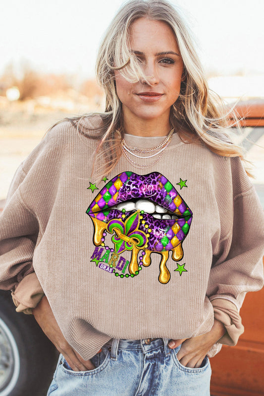 Mardi Gras Lips Patch Pattern Ribbed Corduroy Oversized Sweatshirt