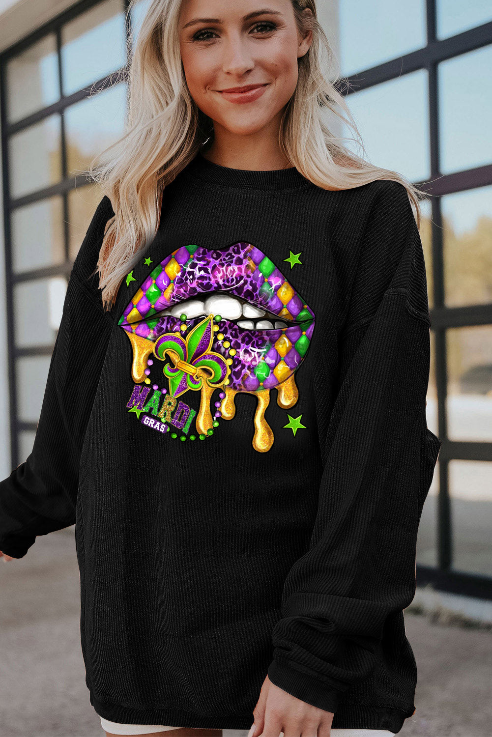 Mardi Gras Lips Patch Pattern Ribbed Corduroy Oversized Sweatshirt