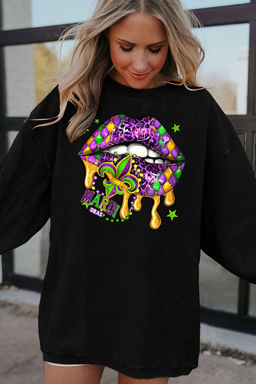 Mardi Gras Lips Patch Pattern Ribbed Corduroy Oversized Sweatshirt