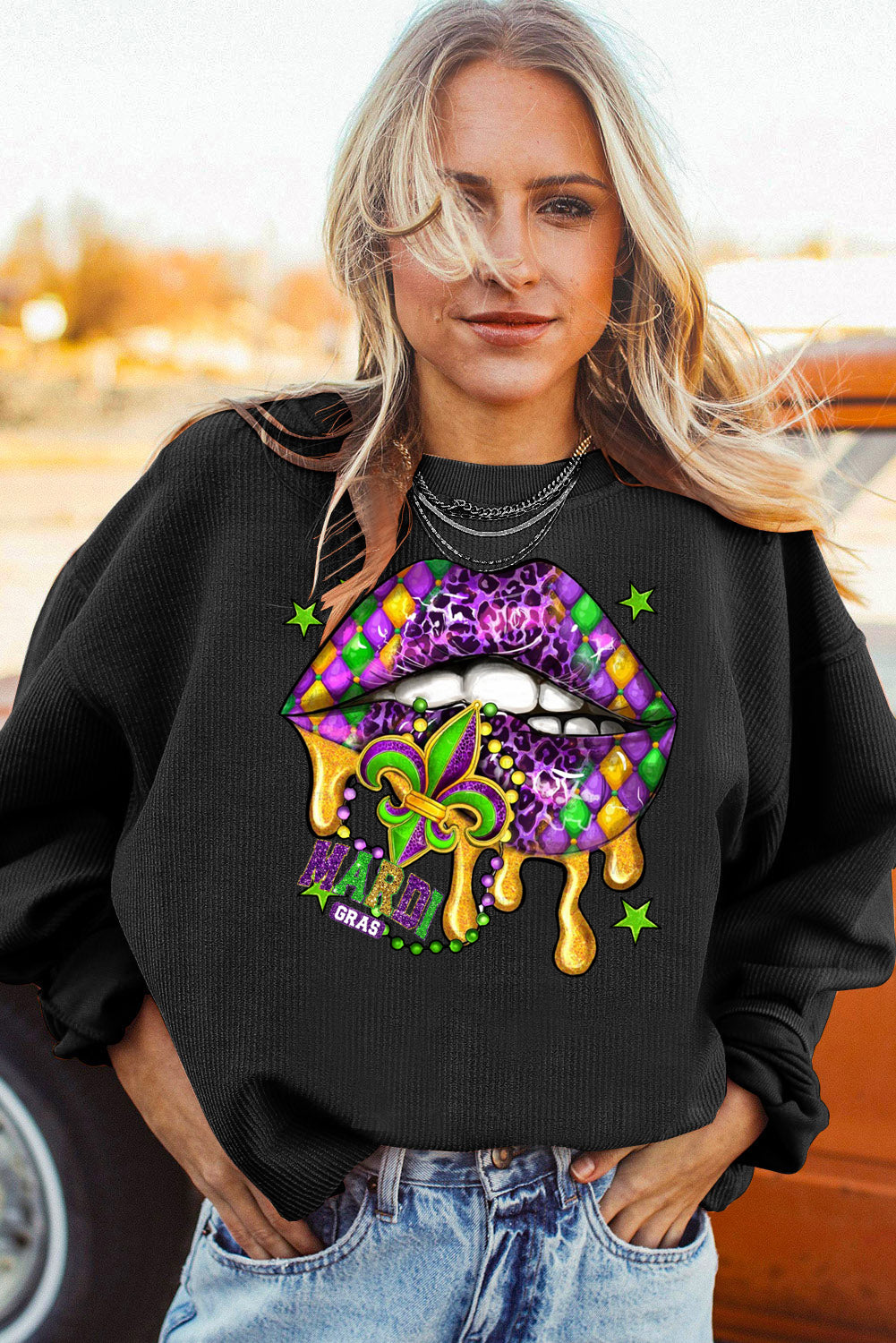 Mardi Gras Lips Patch Pattern Ribbed Corduroy Oversized Sweatshirt