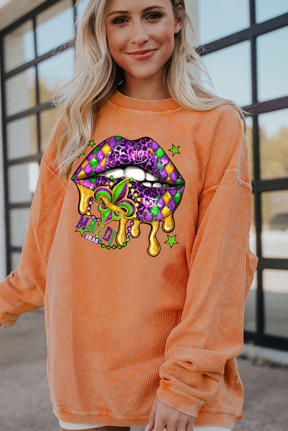 Mardi Gras Lips Patch Pattern Ribbed Corduroy Oversized Sweatshirt