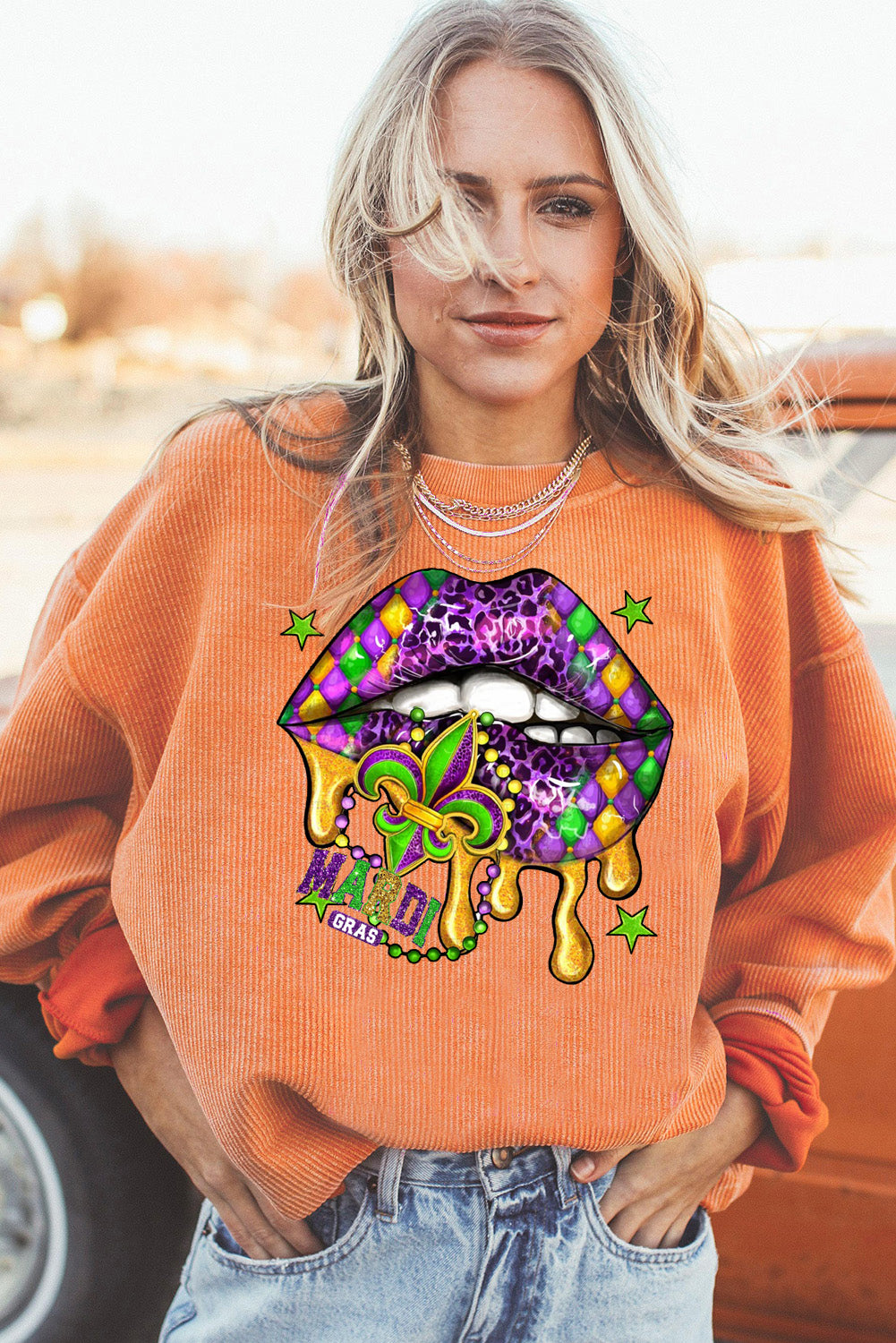 Mardi Gras Lips Patch Pattern Ribbed Corduroy Oversized Sweatshirt