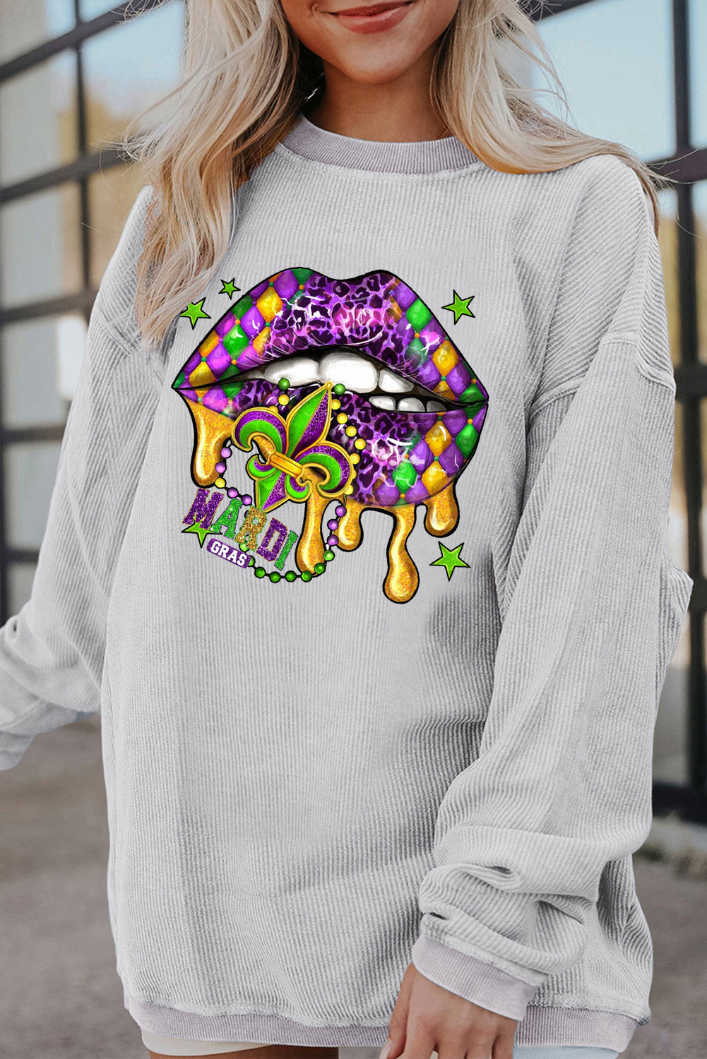 Mardi Gras Lips Patch Pattern Ribbed Corduroy Oversized Sweatshirt