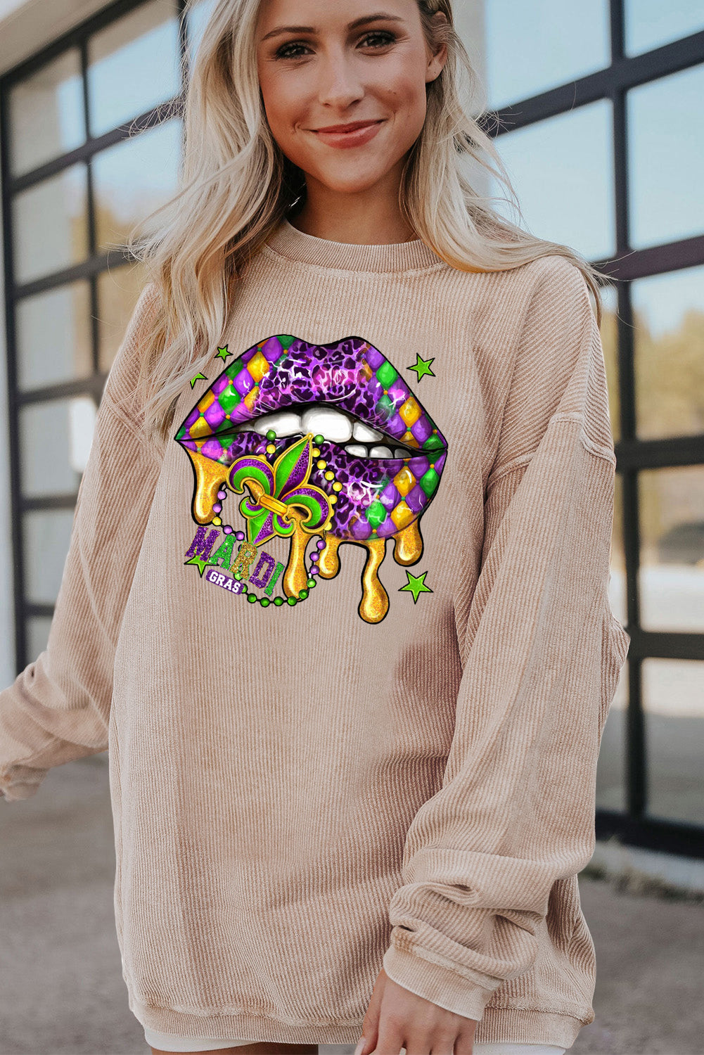 Mardi Gras Lips Patch Pattern Ribbed Corduroy Oversized Sweatshirt