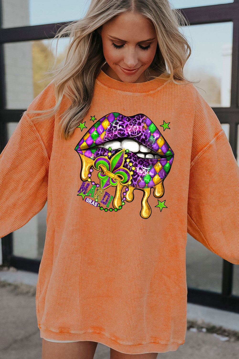 Mardi Gras Lips Patch Pattern Ribbed Corduroy Oversized Sweatshirt
