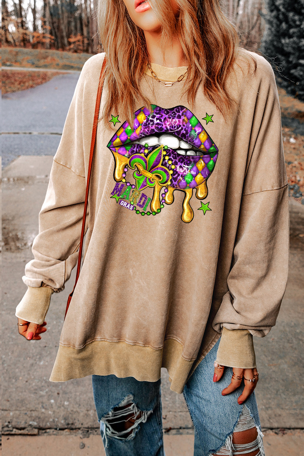 Mardi Gras Drop Shoulder Ribbed Trim Oversized Sweatshirt