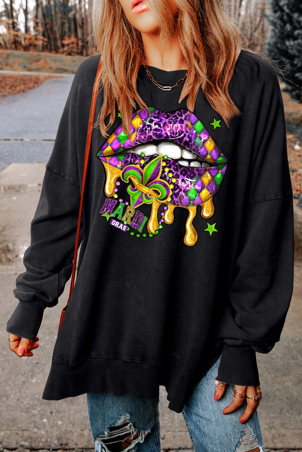 Mardi Gras Drop Shoulder Ribbed Trim Oversized Sweatshirt