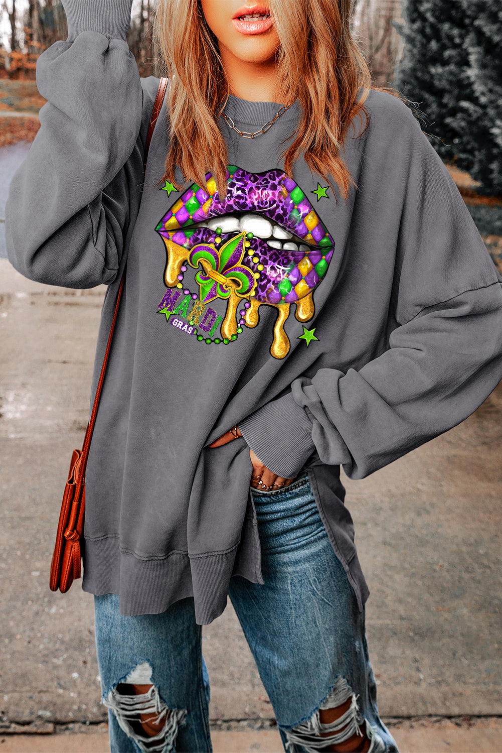 Mardi Gras Drop Shoulder Ribbed Trim Oversized Sweatshirt