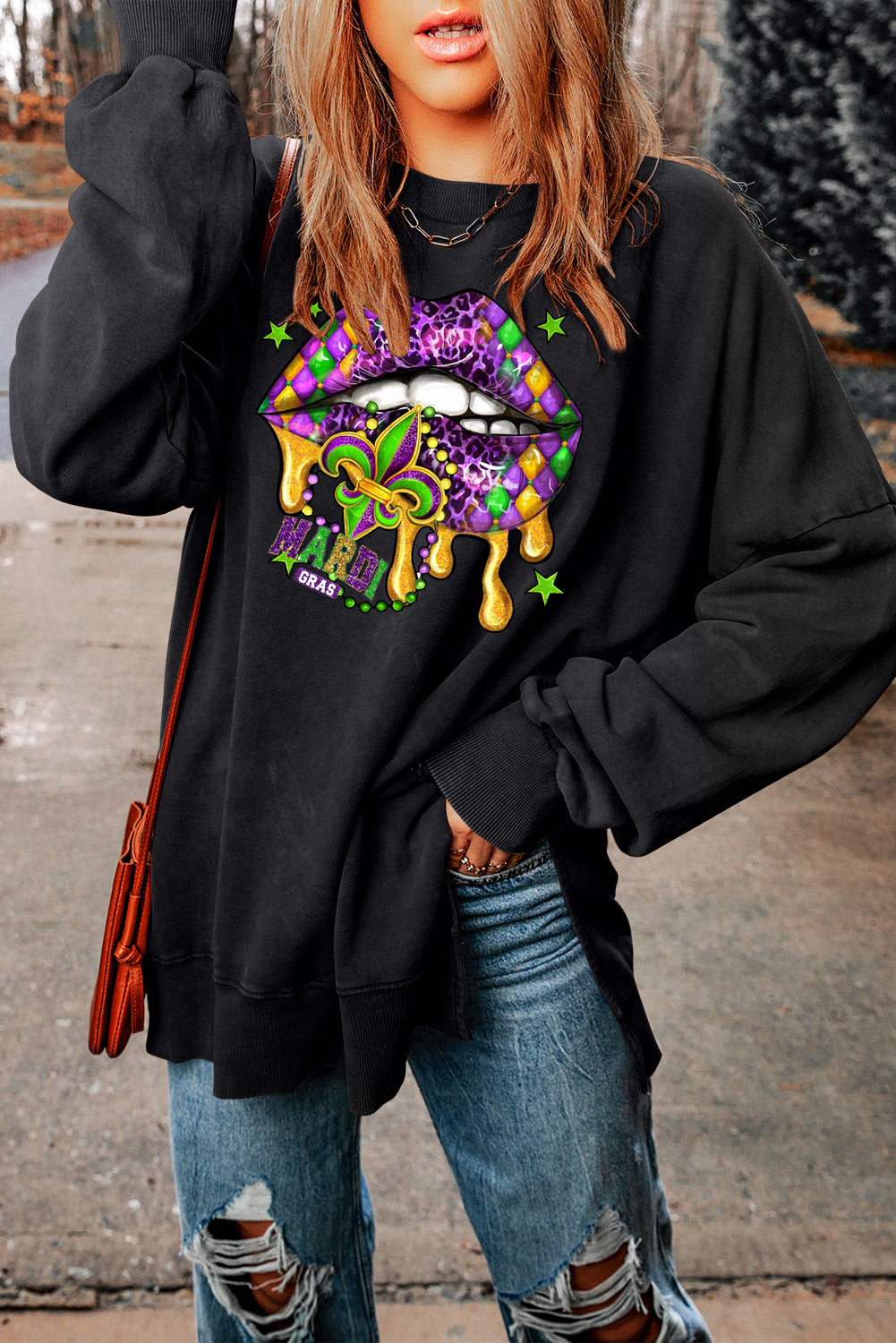 Mardi Gras Drop Shoulder Ribbed Trim Oversized Sweatshirt