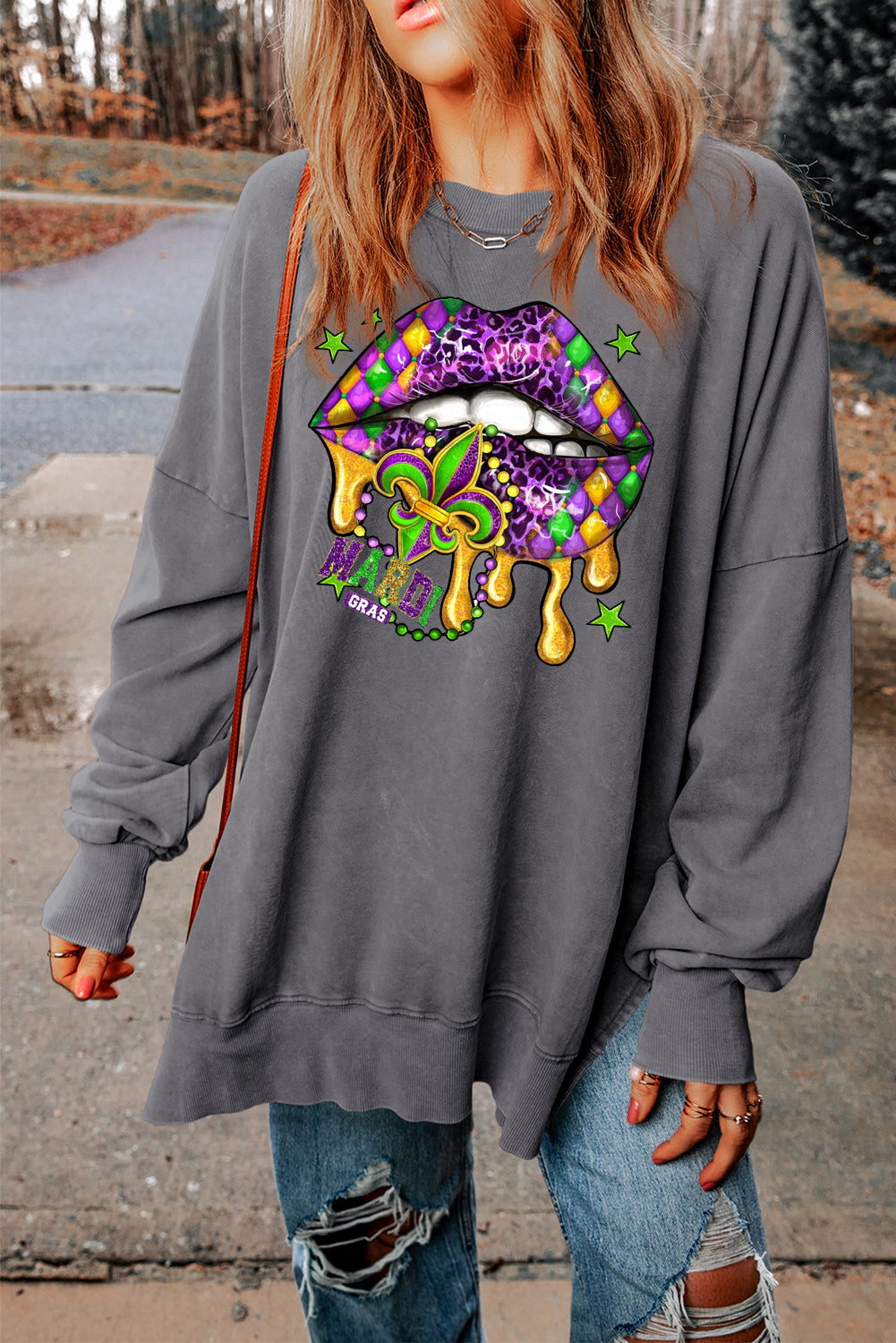 Mardi Gras Drop Shoulder Ribbed Trim Oversized Sweatshirt