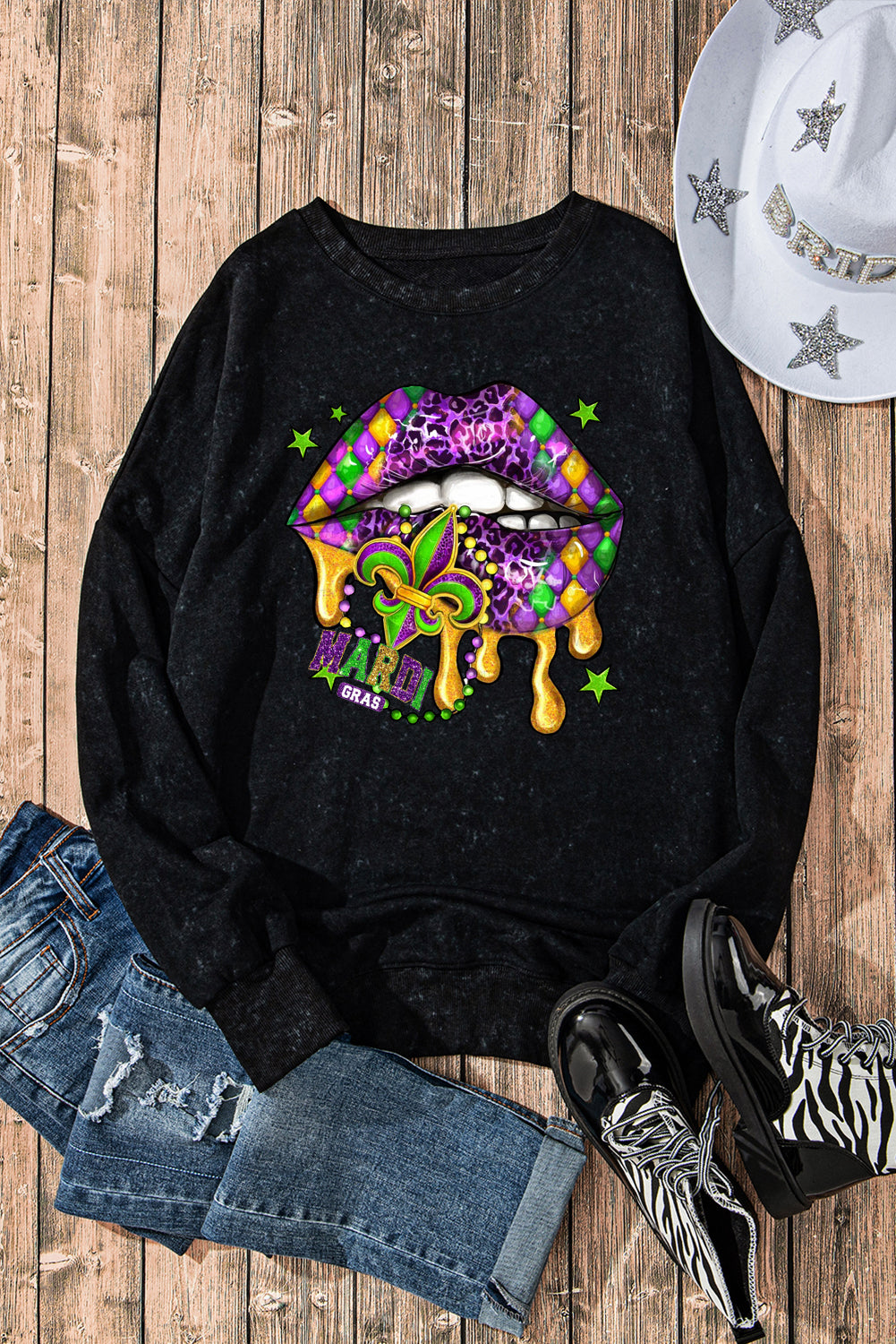 Mardi Gras Drop Shoulder Ribbed Trim Oversized Sweatshirt